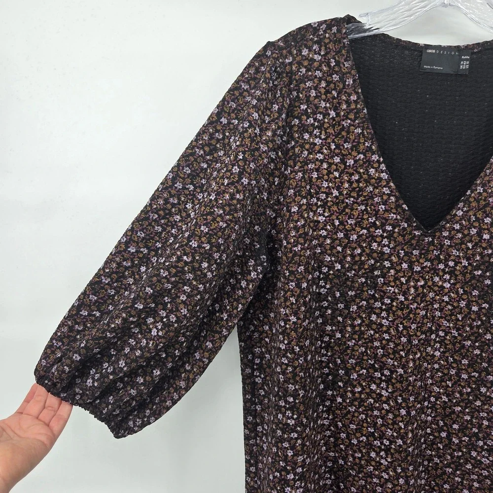 ASOS DESIGN Petite Midi Dress 10 Black Floral Puff Sleeve Boho Cottagecore - Picture 2 of 7